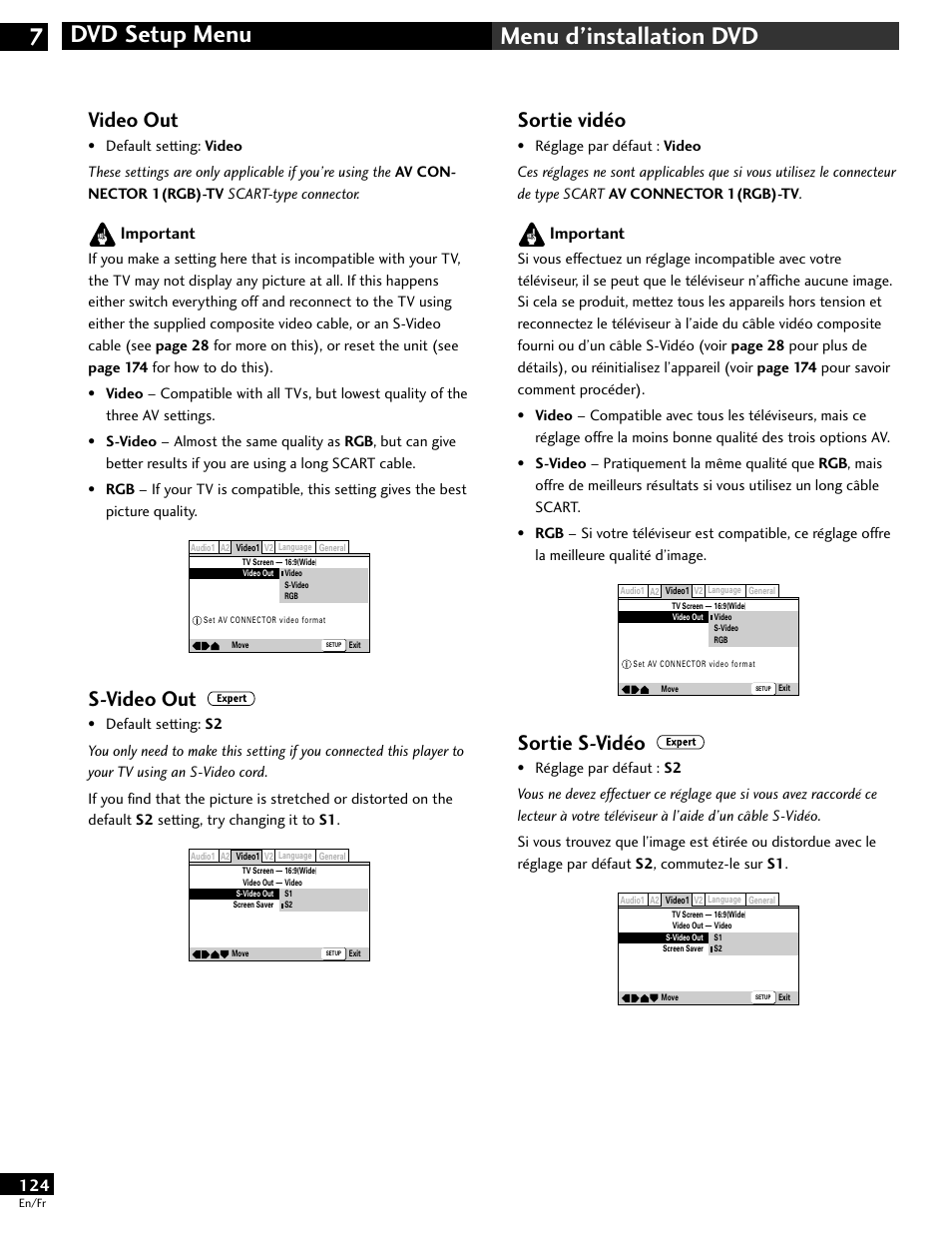 Dvd setup menu 7 menu d’installation dvd, Sortie vidéo, Sortie s-vidéo | Video out, S-video out, Important | Pioneer DV-646A User Manual | Page 124 / 180