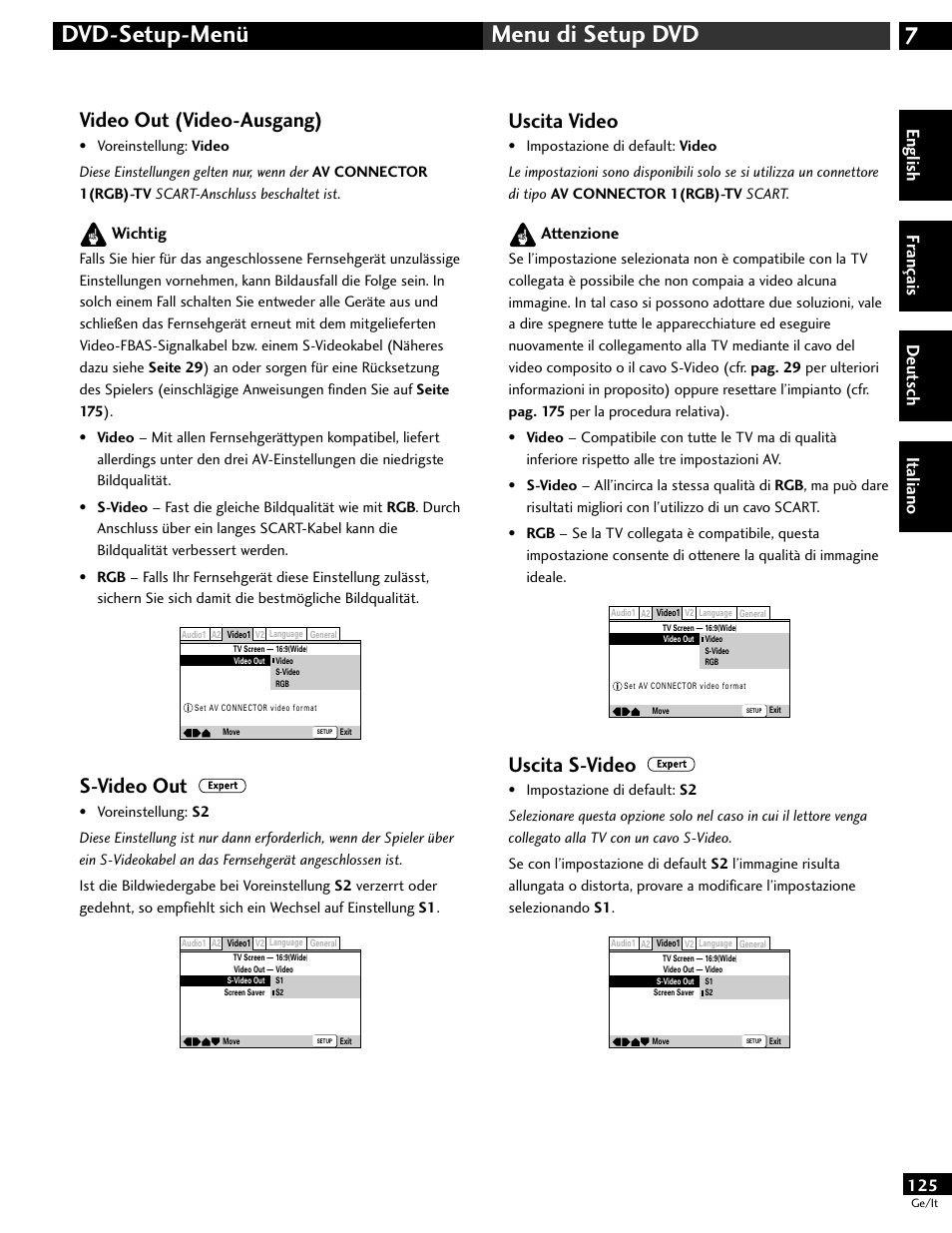 7dvd-setup-menü menu di setup dvd, Video out (video-ausgang), S-video out | Uscita video, Uscita s-video, English fr ançais deut sch it aliano, Wichtig, Attenzione | Pioneer DV-646A User Manual | Page 125 / 180