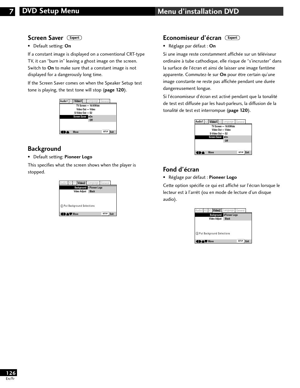 Dvd setup menu 7 menu d’installation dvd, Economiseur d’écran, Fond d’écran | Screen saver, Background | Pioneer DV-646A User Manual | Page 126 / 180