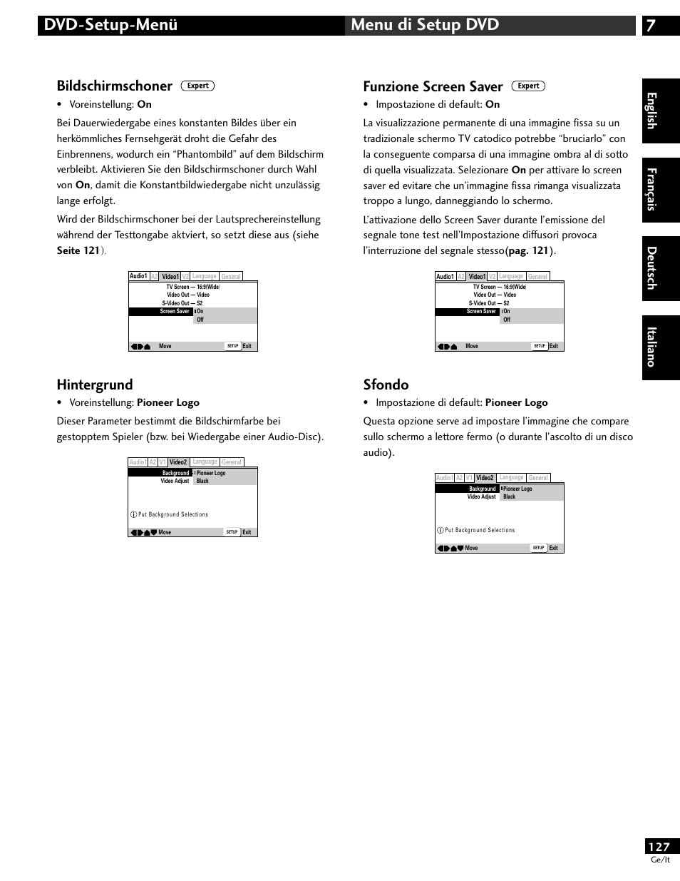 7dvd-setup-menü menu di setup dvd, Bildschirmschoner, Hintergrund | Funzione screen saver, Sfondo, English fr ançais deut sch it aliano | Pioneer DV-646A User Manual | Page 127 / 180