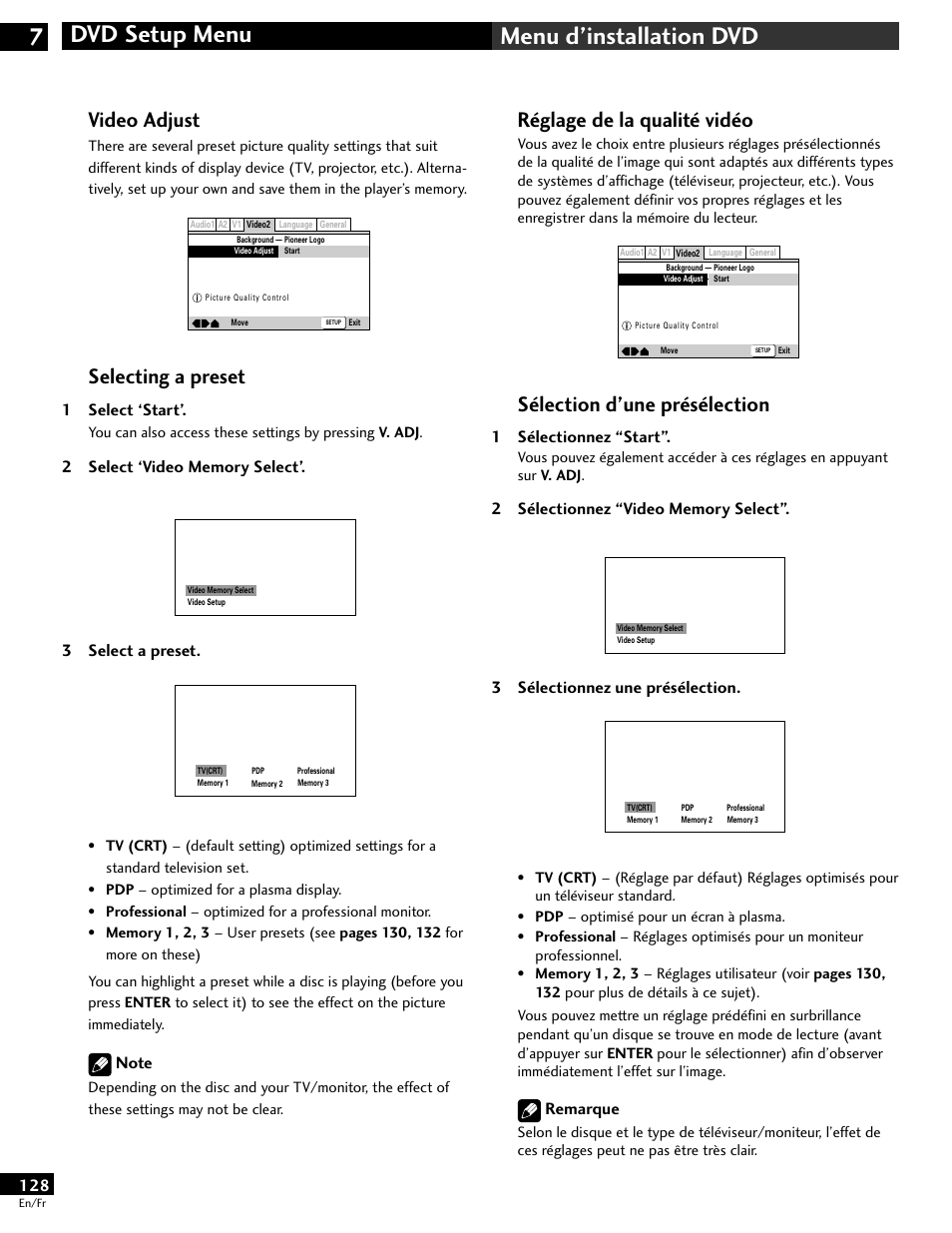 Dvd setup menu 7 menu d’installation dvd, Réglage de la qualité vidéo, Sélection d’une présélection | Video adjust, Selecting a preset, 1 sélectionnez “start, 3 sélectionnez une présélection, Remarque, 1 select ‘start, 3 select a preset | Pioneer DV-646A User Manual | Page 128 / 180