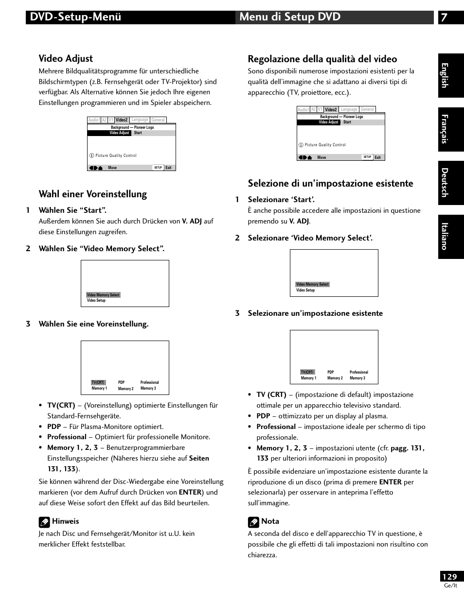 7dvd-setup-menü menu di setup dvd, Video adjust, Wahl einer voreinstellung | Regolazione della qualità del video, Selezione di un’impostazione esistente, English fr ançais deut sch it aliano, 1 wählen sie “start, 3 wählen sie eine voreinstellung, Hinweis, 1 selezionare ‘start | Pioneer DV-646A User Manual | Page 129 / 180
