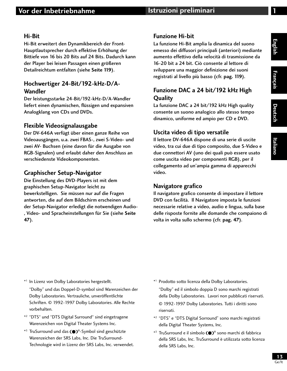 1vor der inbetriebnahme istruzioni preliminari, Hi-bit, Flexible videosignalausgabe | Graphischer setup-navigator, Funzione hi-bit, Uscita video di tipo versatile, Navigatore grafico | Pioneer DV-646A User Manual | Page 13 / 180