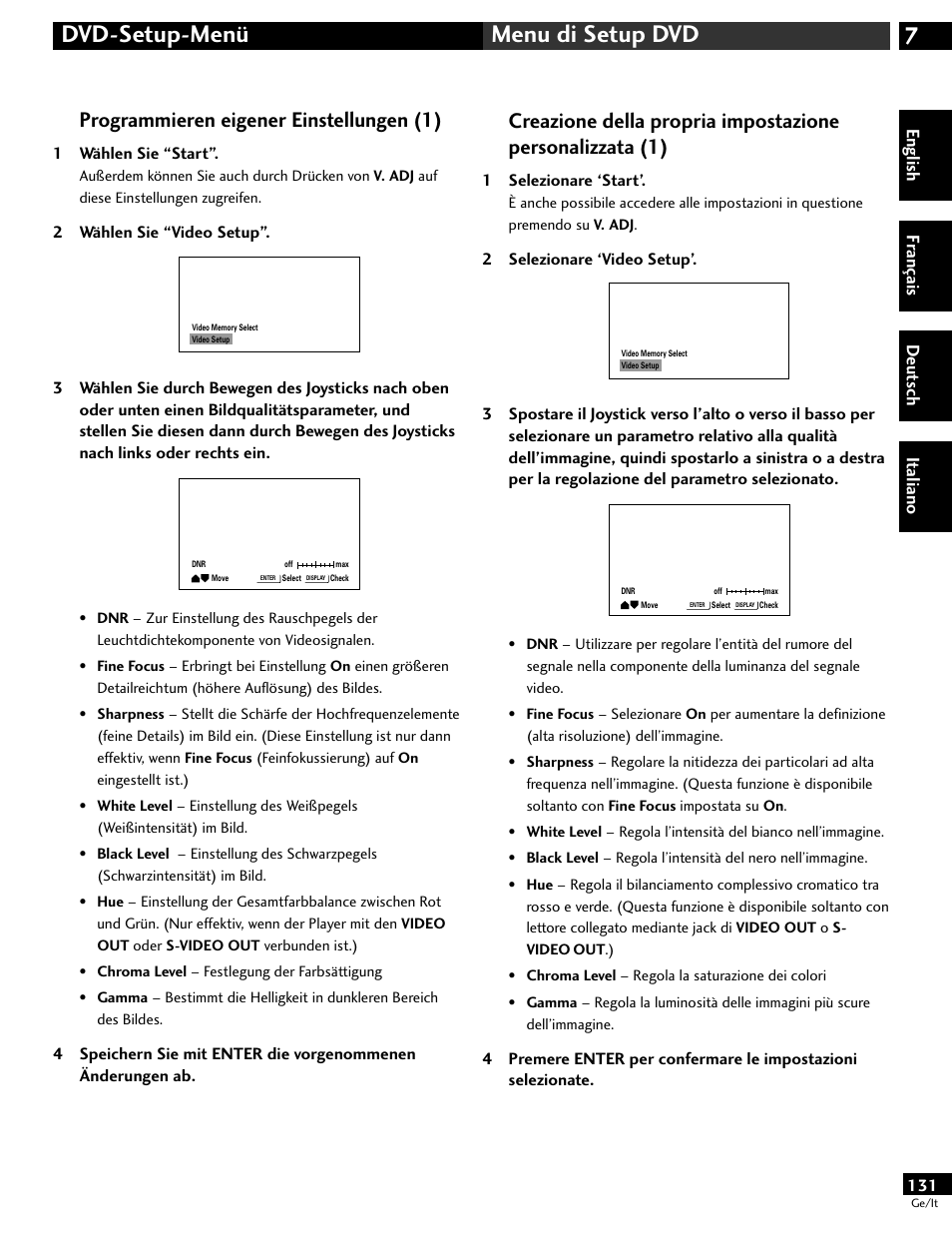 7dvd-setup-menü menu di setup dvd, Programmieren eigener einstellungen (1), English fr ançais deut sch it aliano | Pioneer DV-646A User Manual | Page 131 / 180