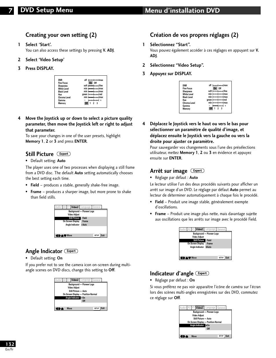 Dvd setup menu 7 menu d’installation dvd, Création de vos propres réglages (2), Arrêt sur image | Indicateur d’angle, Creating your own setting (2), Still picture, Angle indicator, 1sélectionnez “start, 2sélectionnez “video setup”. 3 appuyez sur display, 1select ‘start | Pioneer DV-646A User Manual | Page 132 / 180