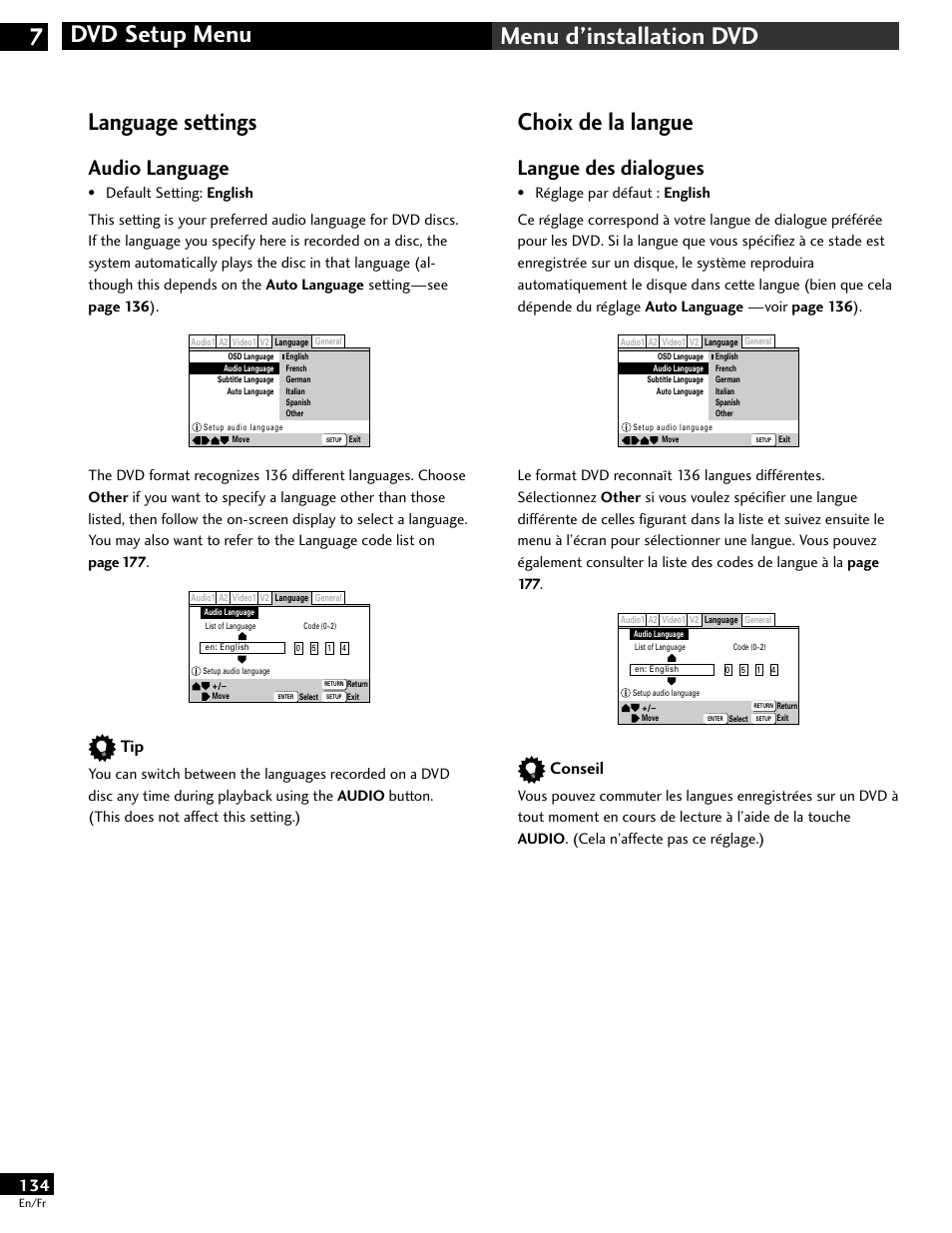 Language settings, Choix de la langue, Langue des dialogues | Audio language, Conseil | Pioneer DV-646A User Manual | Page 134 / 180