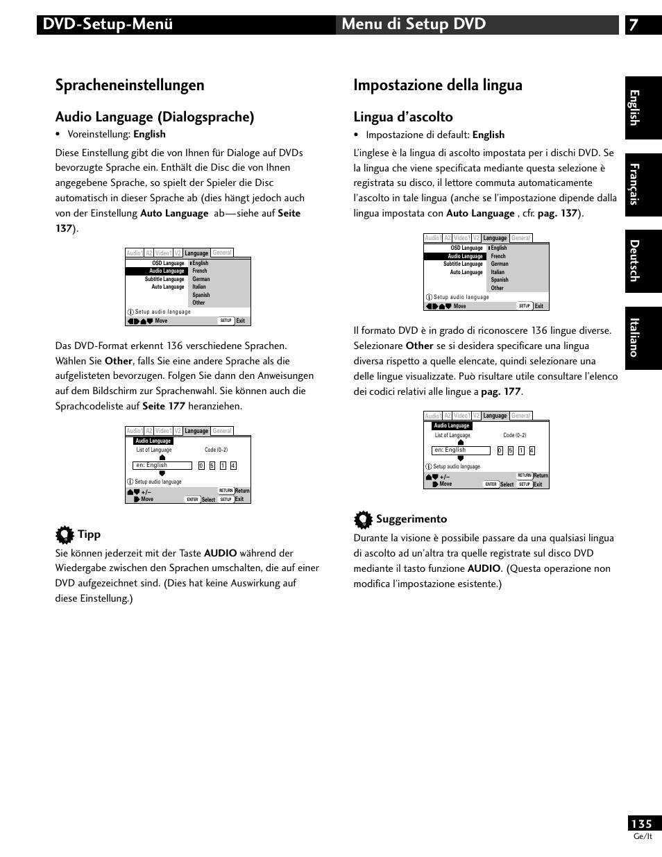 Spracheneinstellungen, Impostazione della lingua, 7dvd-setup-menü menu di setup dvd | Audio language (dialogsprache), Lingua d’ascolto, English fr ançais deut sch it aliano, Tipp, Suggerimento | Pioneer DV-646A User Manual | Page 135 / 180