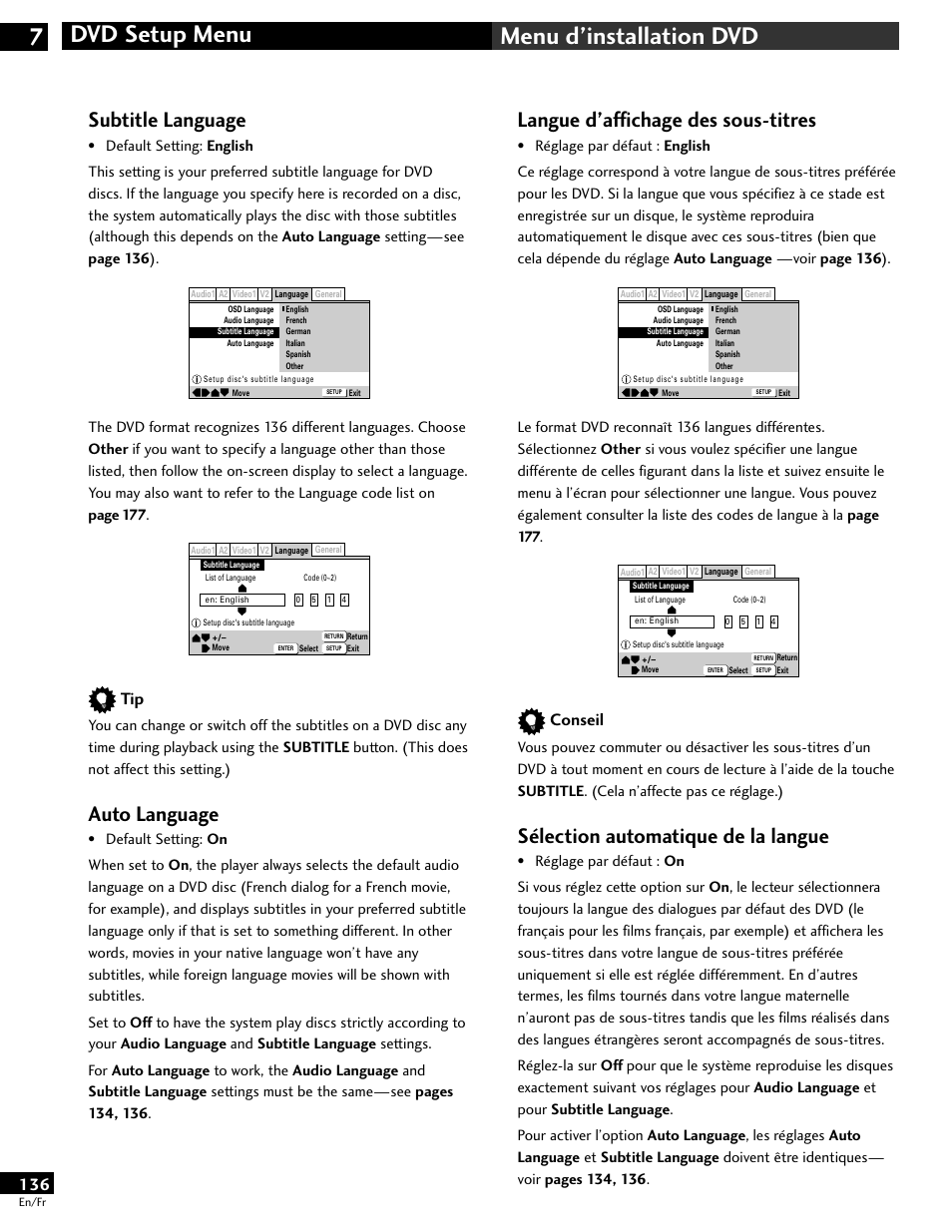 Dvd setup menu 7 menu d’installation dvd, Langue d’affichage des sous-titres, Sélection automatique de la langue | Subtitle language, Auto language, Conseil | Pioneer DV-646A User Manual | Page 136 / 180