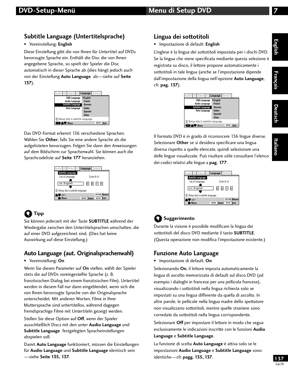 7dvd-setup-menü menu di setup dvd, Subtitle language (untertitelsprache), Auto language (aut. originalsprachenwahl) | Lingua dei sottotitoli, Funzione auto language, English fr ançais deut sch it aliano, Tipp, Suggerimento | Pioneer DV-646A User Manual | Page 137 / 180