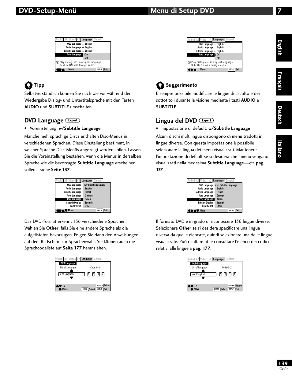 7dvd-setup-menü menu di setup dvd, Dvd language, Lingua del dvd | English fr ançais deut sch it aliano, Tipp, Suggerimento | Pioneer DV-646A User Manual | Page 139 / 180