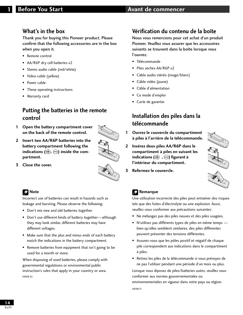 What’s in the box, Putting the batteries in the remote control, Vérification du contenu de la boîte | Installation des piles dans la télécommande | Pioneer DV-646A User Manual | Page 14 / 180