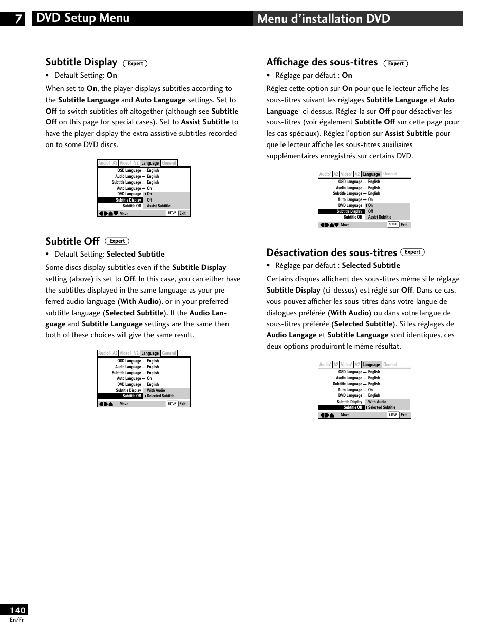 Dvd setup menu 7 menu d’installation dvd, Affichage des sous-titres, Désactivation des sous-titres | Subtitle display, Subtitle off | Pioneer DV-646A User Manual | Page 140 / 180