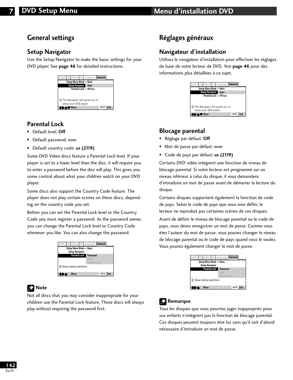 General settings, Réglages généraux, Navigateur d’installation | Blocage parental, Setup navigator, Parental lock, Remarque | Pioneer DV-646A User Manual | Page 142 / 180