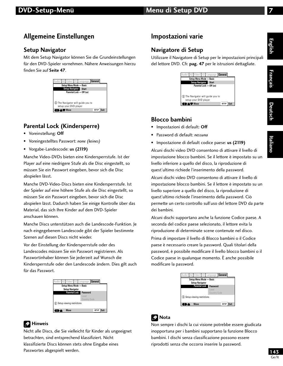 Allgemeine einstellungen, Impostazioni varie, 7dvd-setup-menü menu di setup dvd | Setup navigator, Parental lock (kindersperre), Navigatore di setup, Blocco bambini, English fr ançais deut sch it aliano, Hinweis, Nota | Pioneer DV-646A User Manual | Page 143 / 180