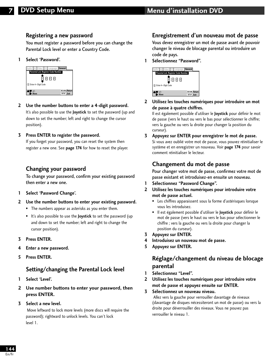 Dvd setup menu 7 menu d’installation dvd, Enregistrement d’un nouveau mot de passe, Changement du mot de passe | Réglage/changement du niveau de blocage parental, Registering a new password, Changing your password, Setting/changing the parental lock level | Pioneer DV-646A User Manual | Page 144 / 180