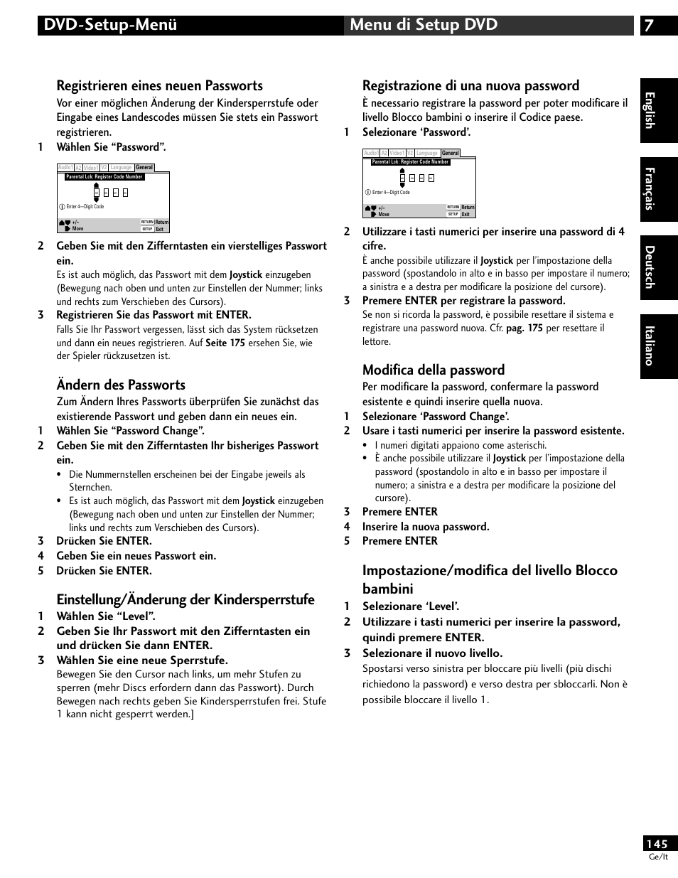 7dvd-setup-menü menu di setup dvd, Registrieren eines neuen passworts, Ändern des passworts | Einstellung/änderung der kindersperrstufe, Registrazione di una nuova password, Modifica della password, Impostazione/modifica del livello blocco bambini | Pioneer DV-646A User Manual | Page 145 / 180