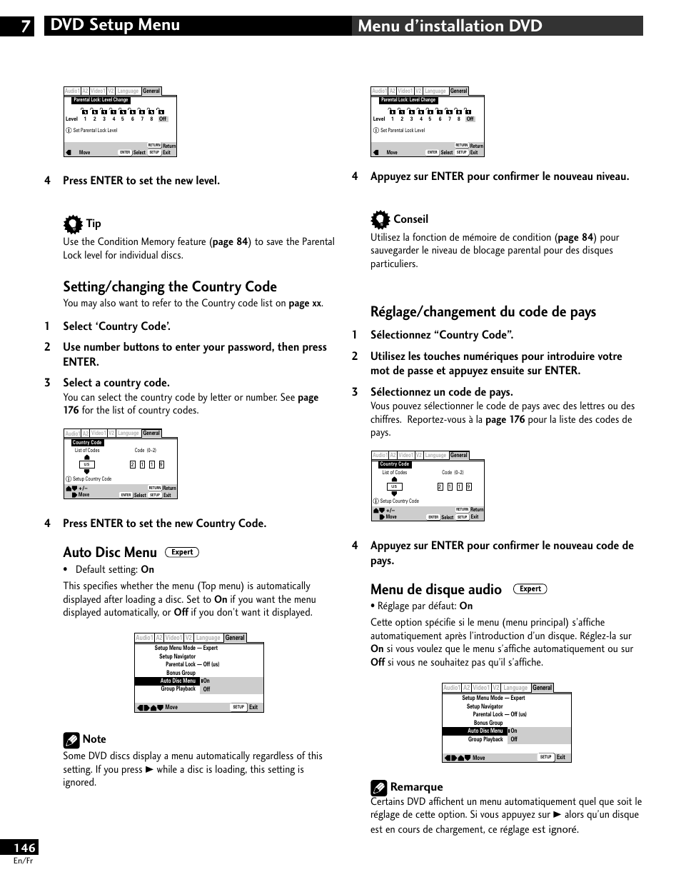 Dvd setup menu 7 menu d’installation dvd, Réglage/changement du code de pays, Menu de disque audio | Setting/changing the country code, Auto disc menu, Remarque, 4press enter to set the new level. tip, 4press enter to set the new country code | Pioneer DV-646A User Manual | Page 146 / 180