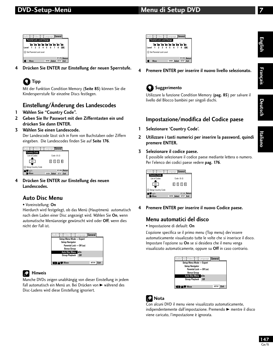 7dvd-setup-menü menu di setup dvd, Einstellung/änderung des landescodes, Auto disc menu | Impostazione/modifica del codice paese, Menu automatici del disco, English fr ançais deut sch it aliano, Hinweis, 4premere enter per inserire il nuovo codice paese, Nota | Pioneer DV-646A User Manual | Page 147 / 180