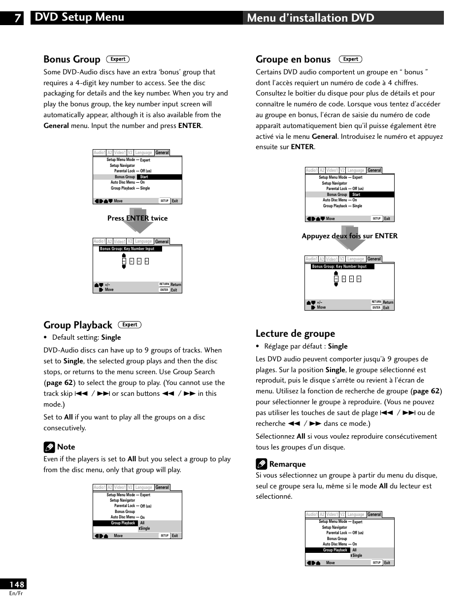 Dvd setup menu 7 menu d’installation dvd, Bonus group, Group playback | Groupe en bonus, Lecture de groupe, Remarque, Press enter twice, Appuyez deux fois sur enter | Pioneer DV-646A User Manual | Page 148 / 180