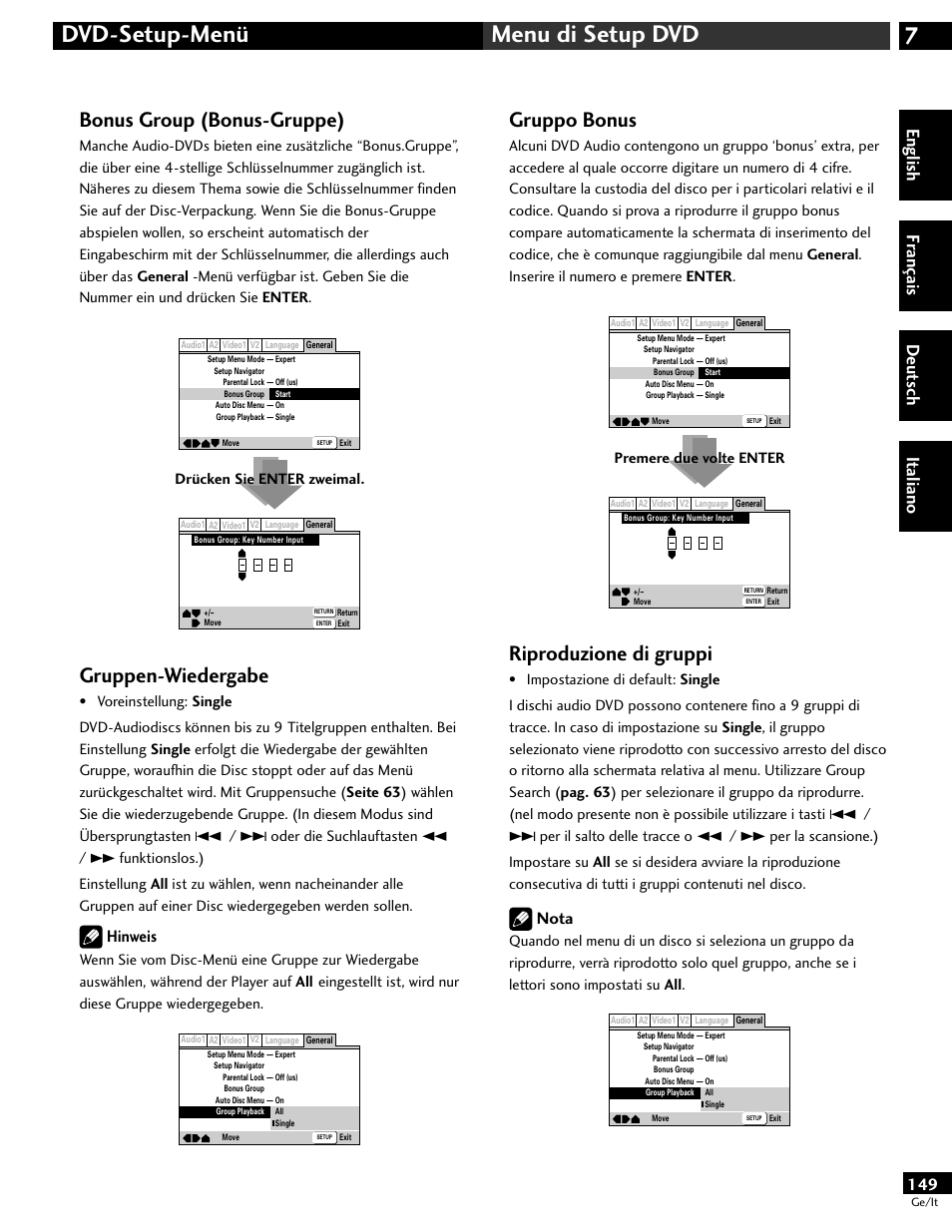 7dvd-setup-menü menu di setup dvd, Bonus group (bonus-gruppe), Gruppen-wiedergabe | Gruppo bonus, Riproduzione di gruppi, English fr ançais deut sch it aliano, Hinweis, Nota, Premere due volte enter drücken sie enter zweimal | Pioneer DV-646A User Manual | Page 149 / 180