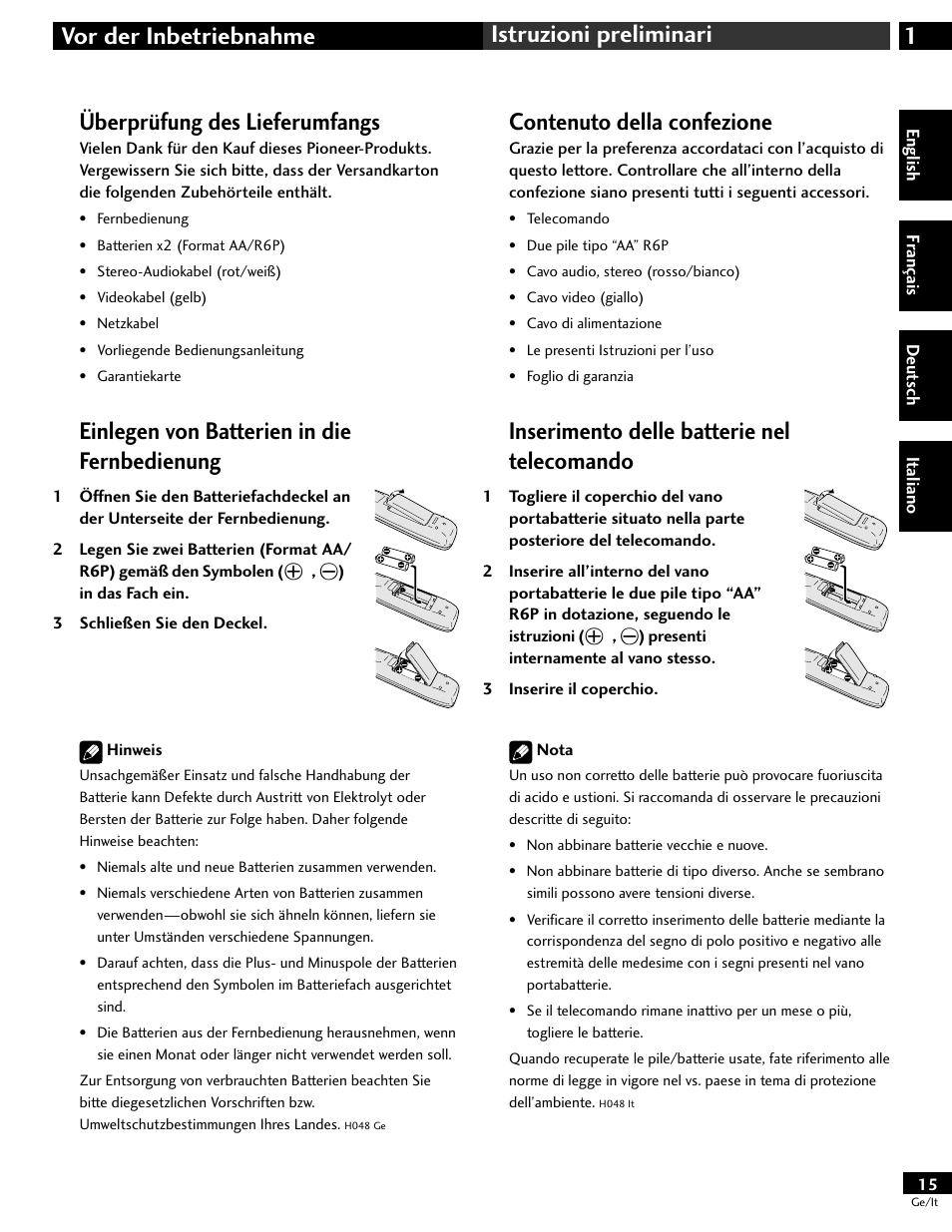 Überprüfung des lieferumfangs, Einlegen von batterien in die fernbedienung, Contenuto della confezione | Inserimento delle batterie nel telecomando, 1vor der inbetriebnahme istruzioni preliminari | Pioneer DV-646A User Manual | Page 15 / 180