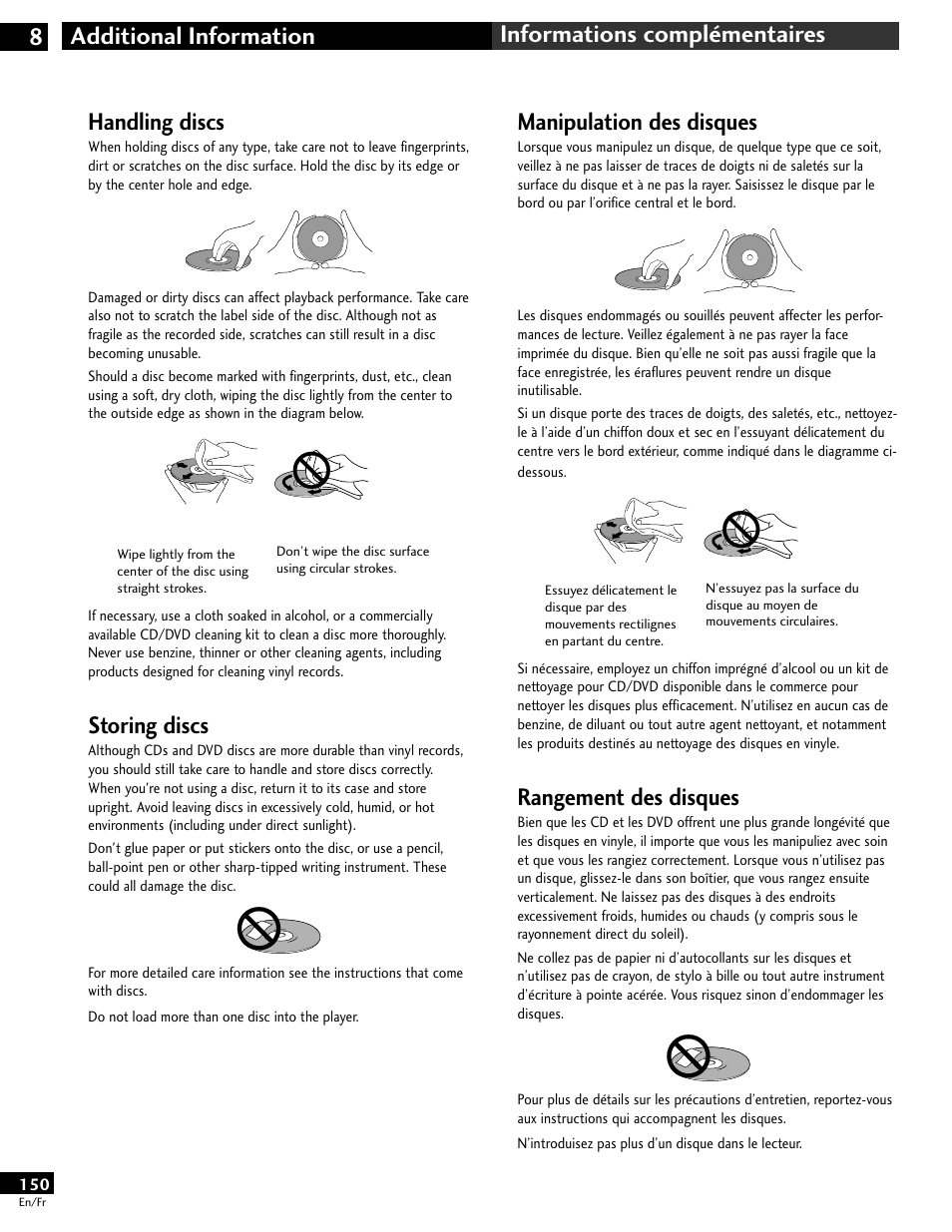 Handling discs, Storing discs, Manipulation des disques | Rangement des disques | Pioneer DV-646A User Manual | Page 150 / 180