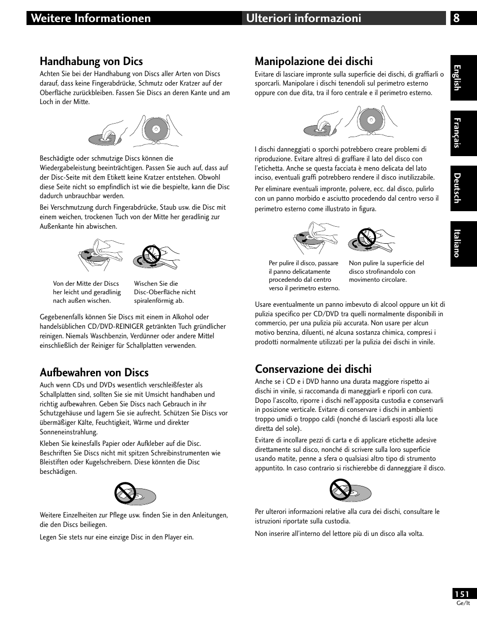 Handhabung von dics, Aufbewahren von discs, Manipolazione dei dischi | Conservazione dei dischi, 8weitere informationen ulteriori informazioni | Pioneer DV-646A User Manual | Page 151 / 180