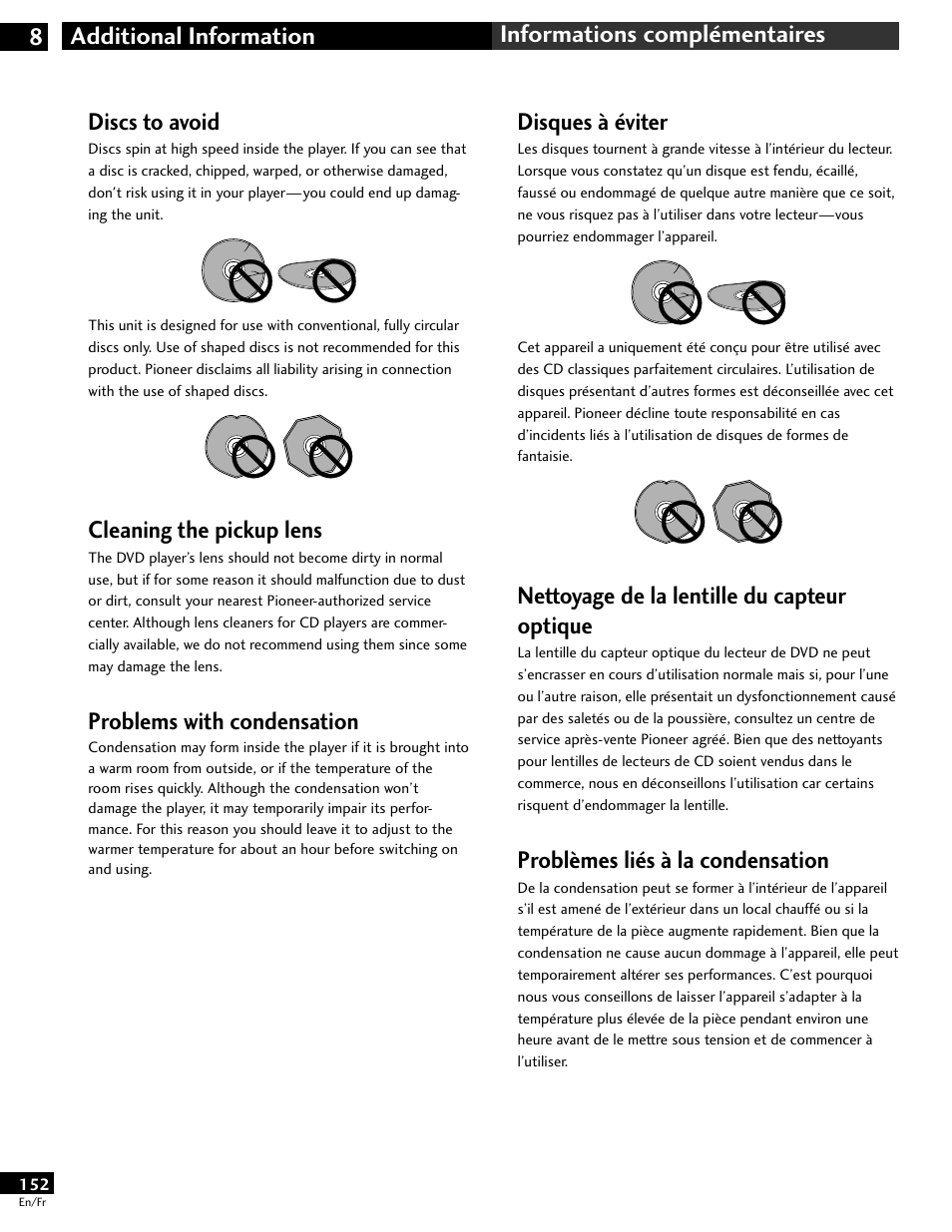 Discs to avoid, Cleaning the pickup lens, Problems with condensation | Disques à éviter, Nettoyage de la lentille du capteur optique, Problèmes liés à la condensation | Pioneer DV-646A User Manual | Page 152 / 180