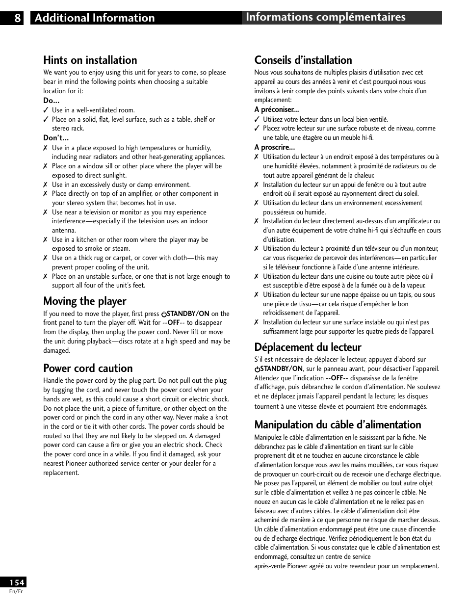 Hints on installation, Moving the player, Power cord caution | Conseils d’installation, Déplacement du lecteur, Manipulation du câble d’alimentation | Pioneer DV-646A User Manual | Page 154 / 180