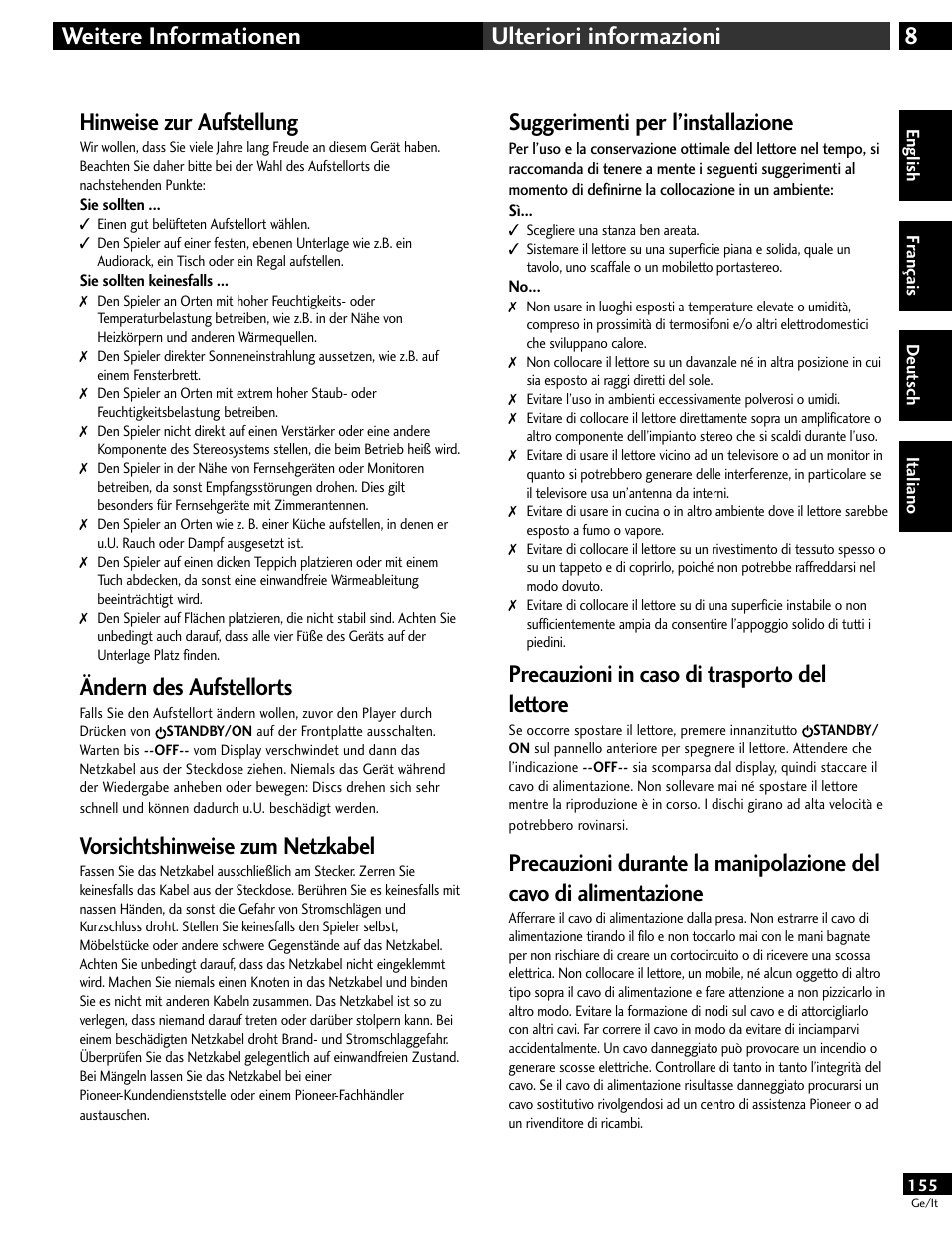 Hinweise zur aufstellung, Ändern des aufstellorts, Vorsichtshinweise zum netzkabel | Suggerimenti per l’installazione, Precauzioni in caso di trasporto del lettore, 8weitere informationen ulteriori informazioni | Pioneer DV-646A User Manual | Page 155 / 180