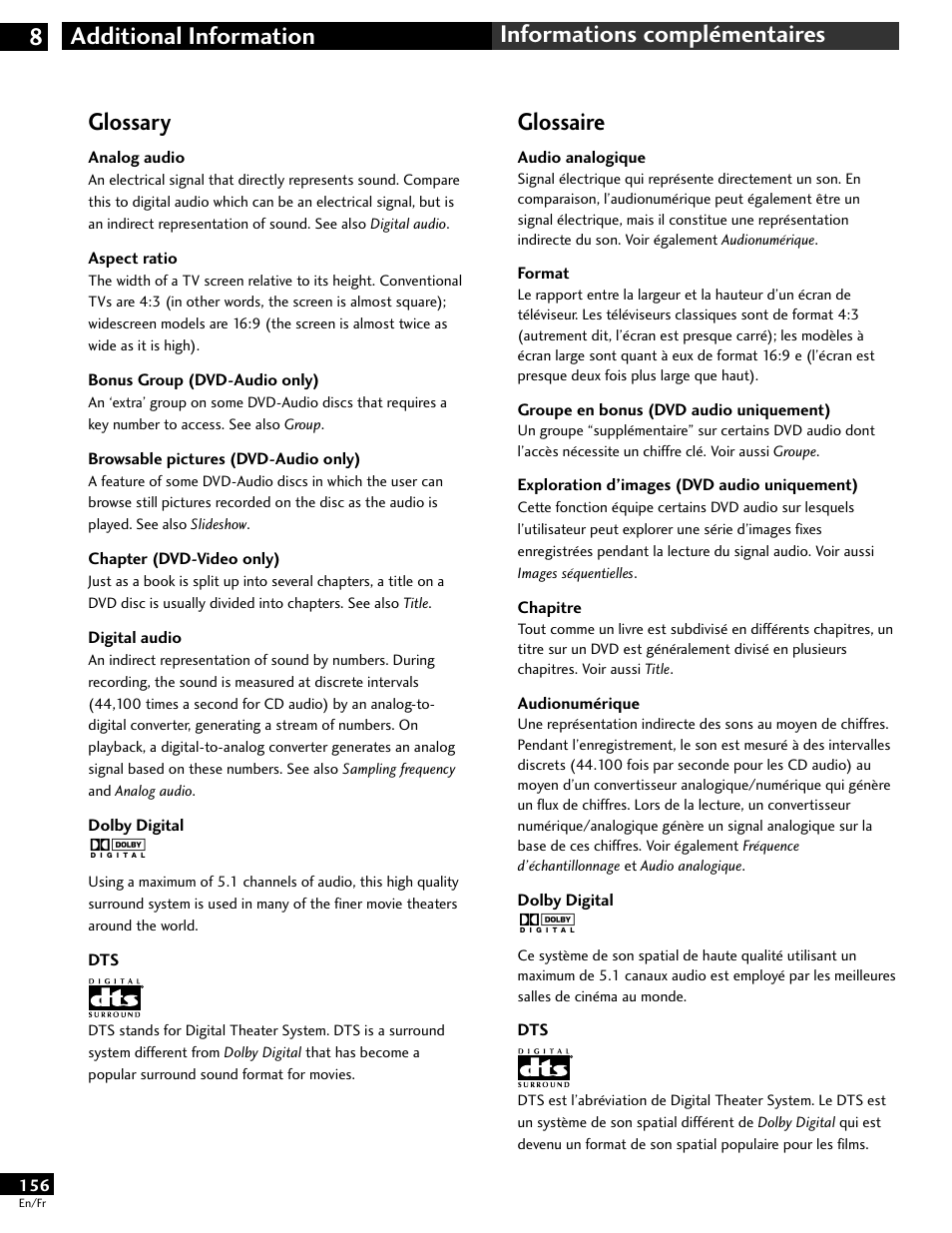 Glossary, Glossaire | Pioneer DV-646A User Manual | Page 156 / 180