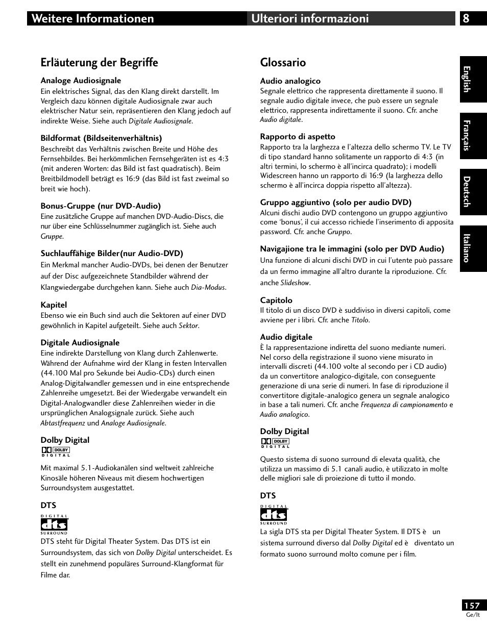 Erläuterung der begriffe, Glossario, 8weitere informationen ulteriori informazioni | Pioneer DV-646A User Manual | Page 157 / 180