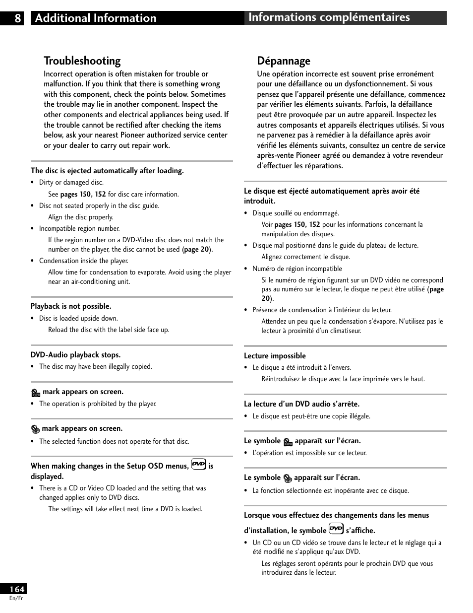 Troubleshooting, Dépannage | Pioneer DV-646A User Manual | Page 164 / 180