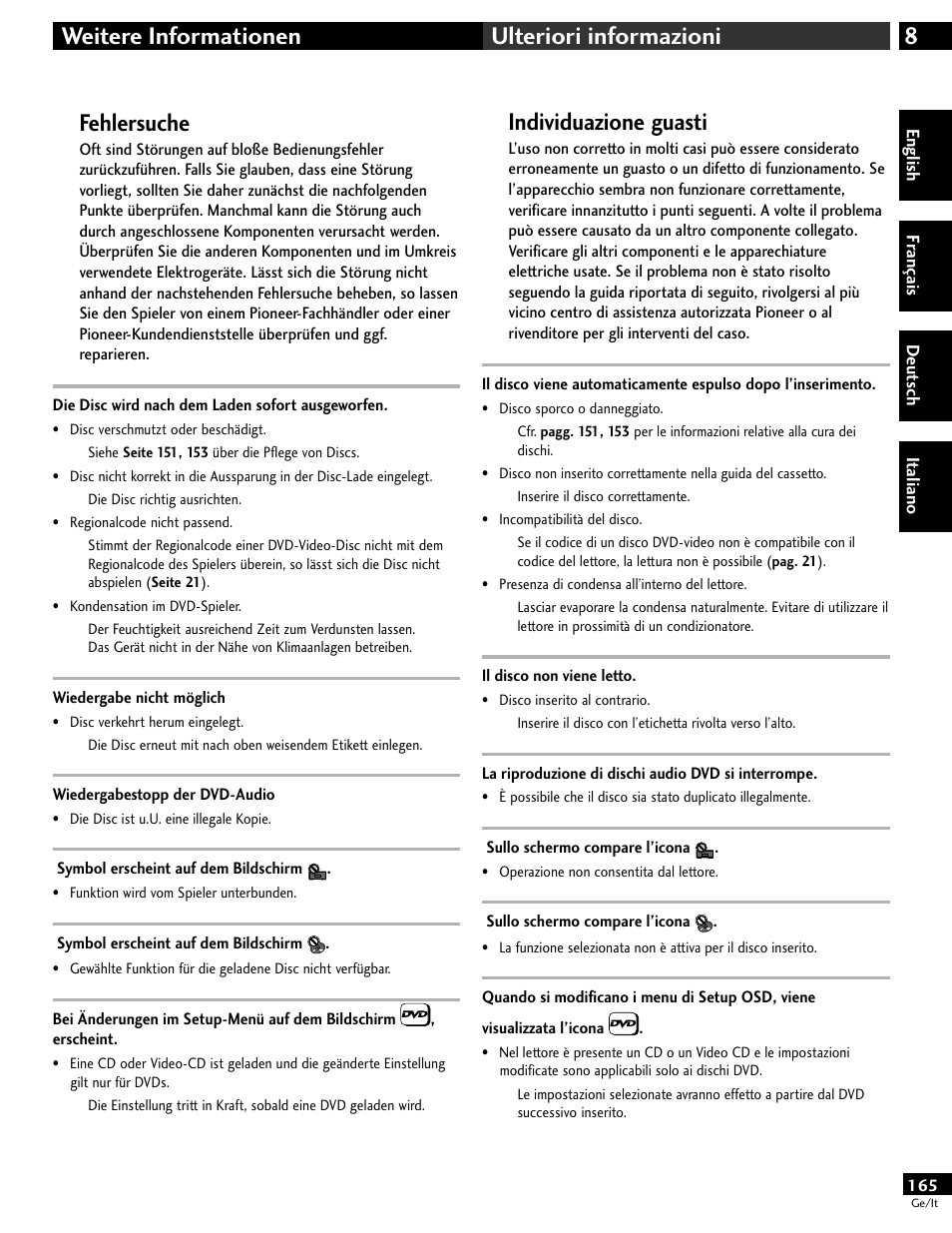 Fehlersuche, Individuazione guasti, 8weitere informationen ulteriori informazioni | Pioneer DV-646A User Manual | Page 165 / 180