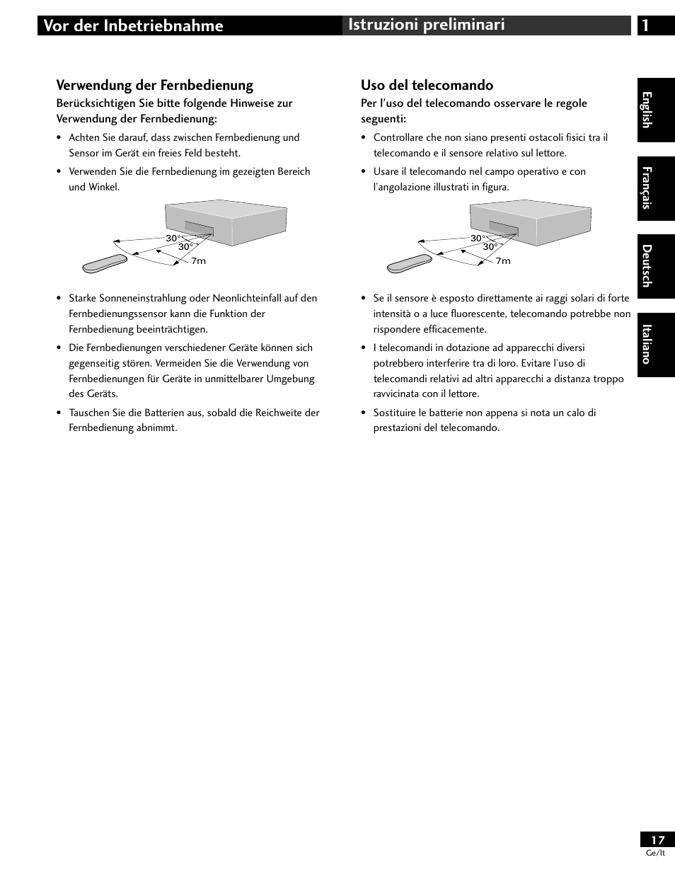 Verwendung der fernbedienung, Uso del telecomando, 1vor der inbetriebnahme istruzioni preliminari | Pioneer DV-646A User Manual | Page 17 / 180