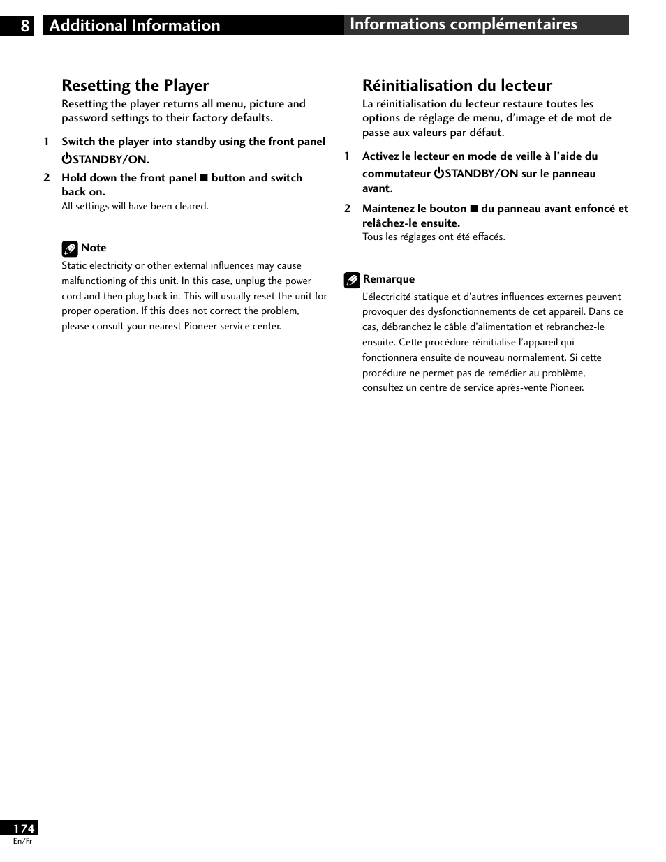 Resetting the player, Réinitialisation du lecteur | Pioneer DV-646A User Manual | Page 174 / 180