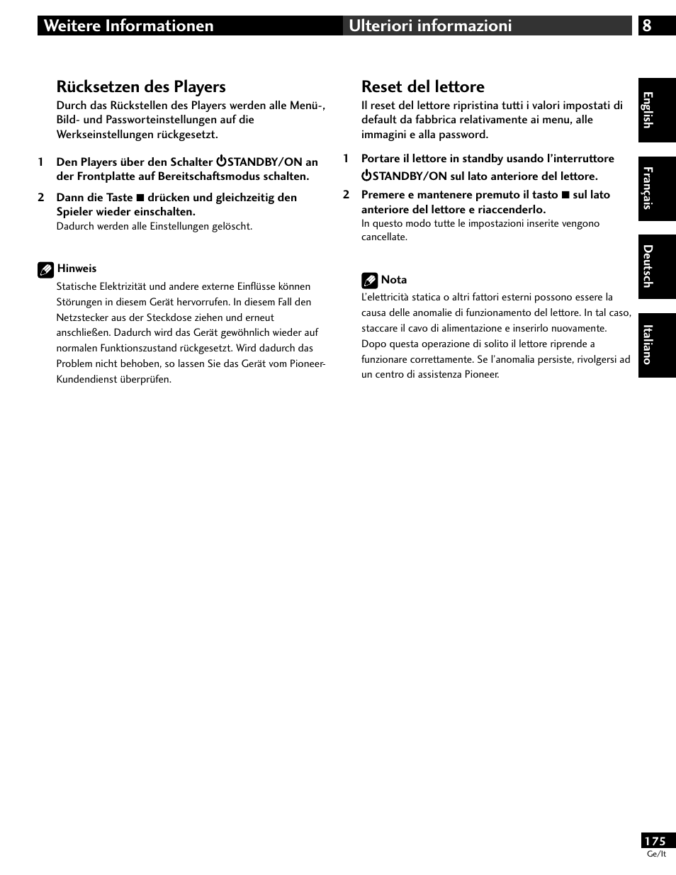 Rücksetzen des players, Reset del lettore, 8weitere informationen ulteriori informazioni | Pioneer DV-646A User Manual | Page 175 / 180