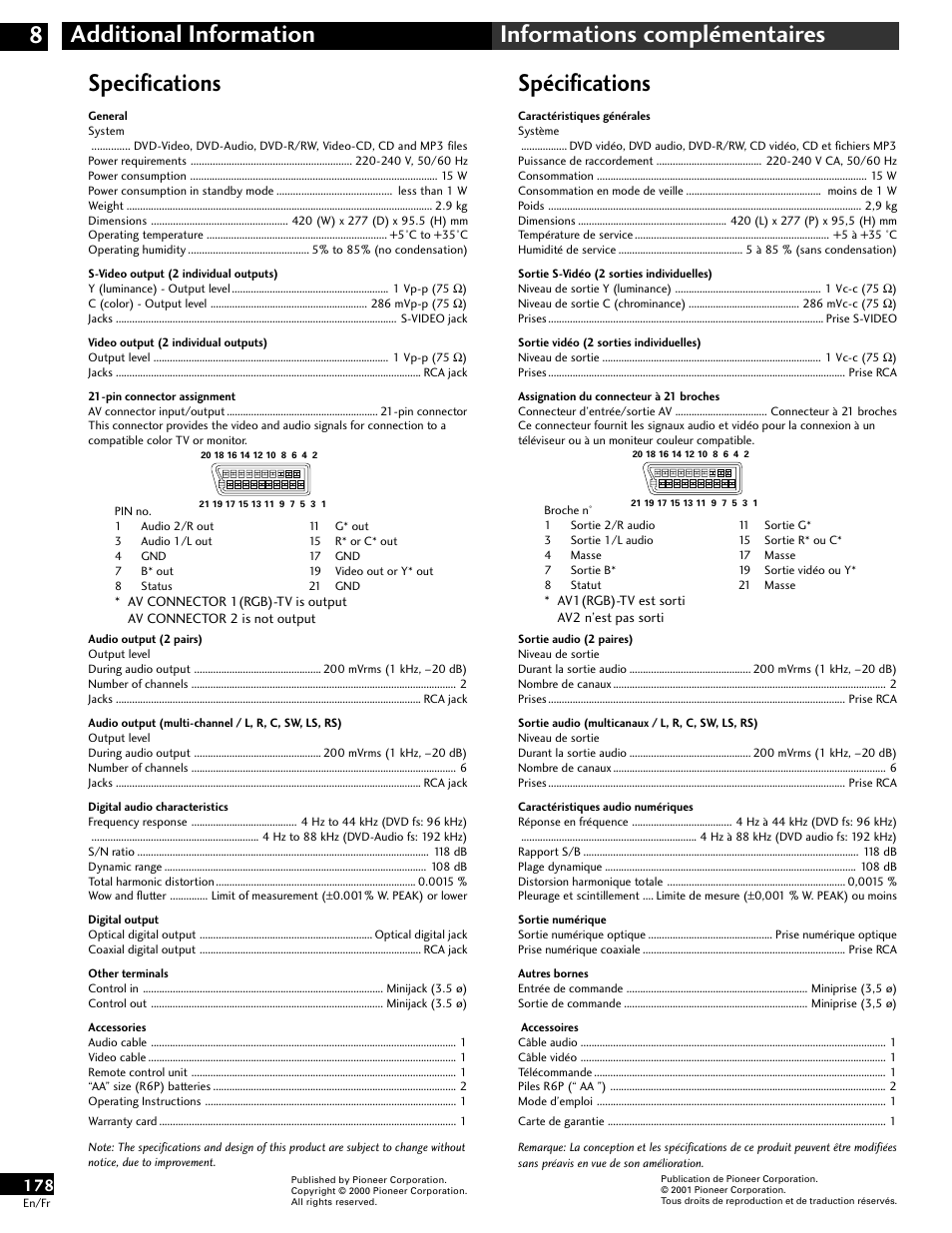 Specifications, Spécifications | Pioneer DV-646A User Manual | Page 178 / 180