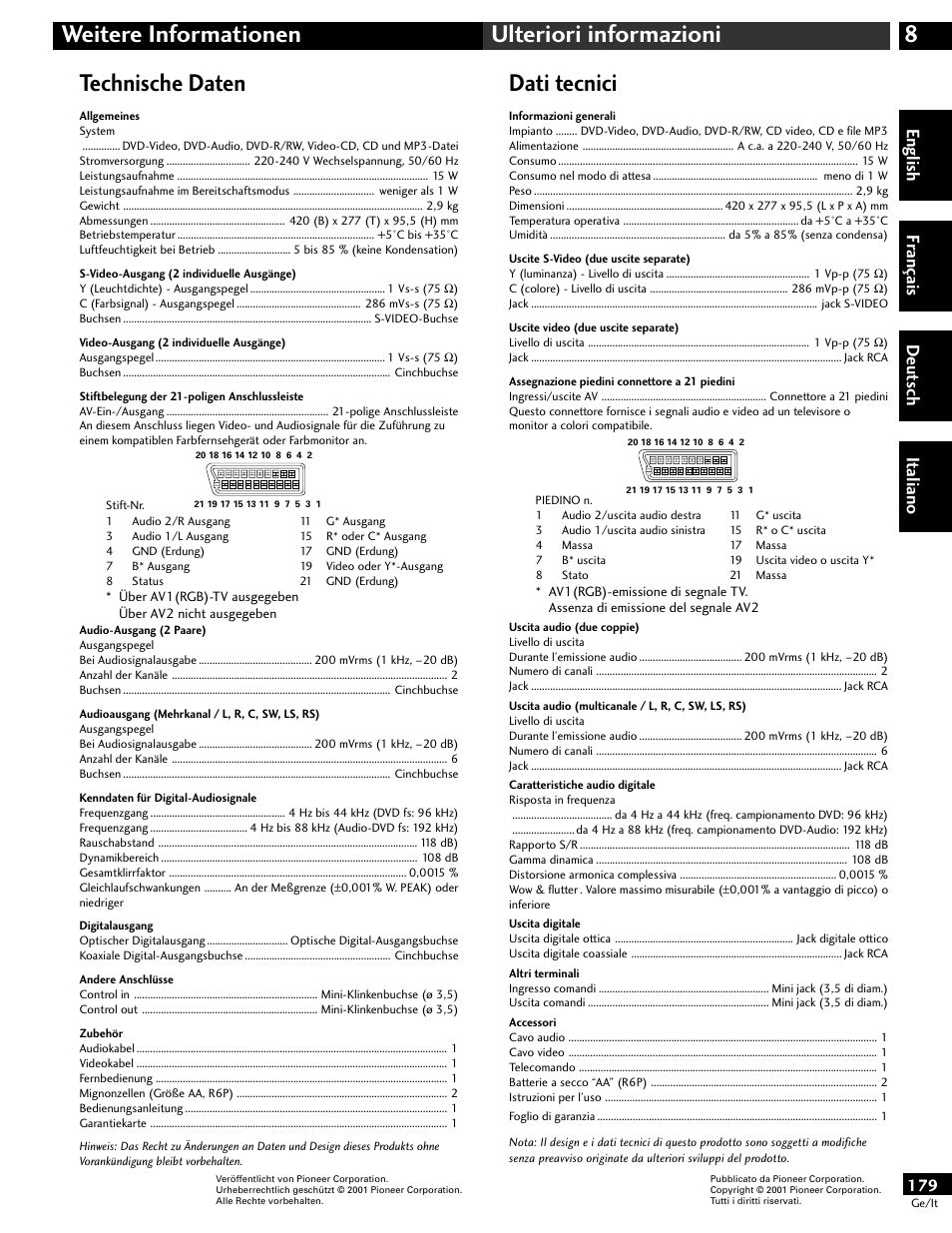 Technische daten, Dati tecnici, 8weitere informationen ulteriori informazioni | English fr ançais deut sch it aliano | Pioneer DV-646A User Manual | Page 179 / 180