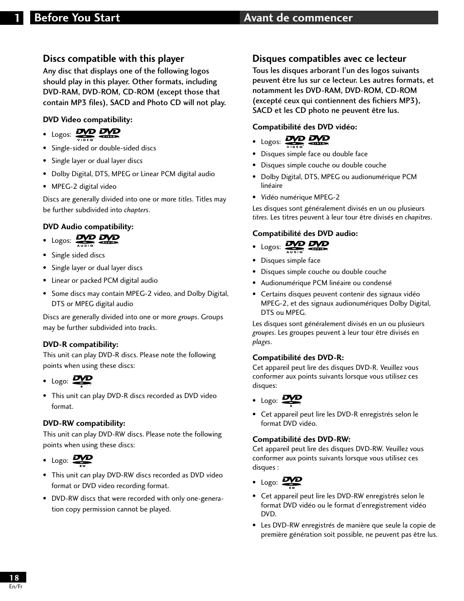 Discs compatible with this player, Disques compatibles avec ce lecteur, Before you start 1 avant de commencer | Pioneer DV-646A User Manual | Page 18 / 180