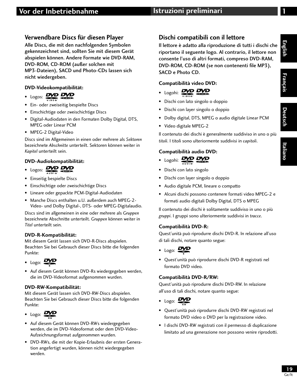 Verwendbare discs für diesen player, Dischi compatibili con il lettore, 1vor der inbetriebnahme istruzioni preliminari | Pioneer DV-646A User Manual | Page 19 / 180