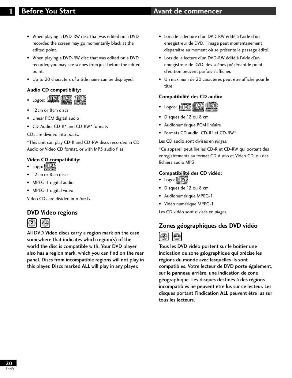 Before you start 1 avant de commencer, Zones géographiques des dvd vidéo, Dvd video regions | Pioneer DV-646A User Manual | Page 20 / 180