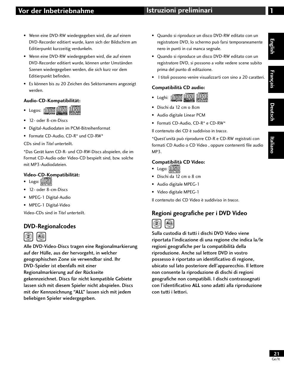 1vor der inbetriebnahme istruzioni preliminari, Dvd-regionalcodes, Regioni geografiche per i dvd video | Pioneer DV-646A User Manual | Page 21 / 180