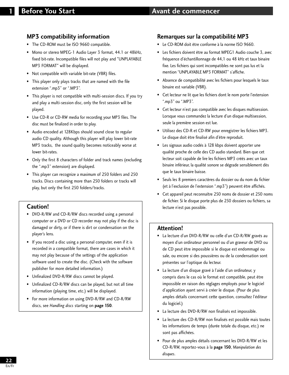 Mp3 compatibility information, Remarques sur la compatibilité mp3, Before you start 1 avant de commencer | Attention, Caution | Pioneer DV-646A User Manual | Page 22 / 180