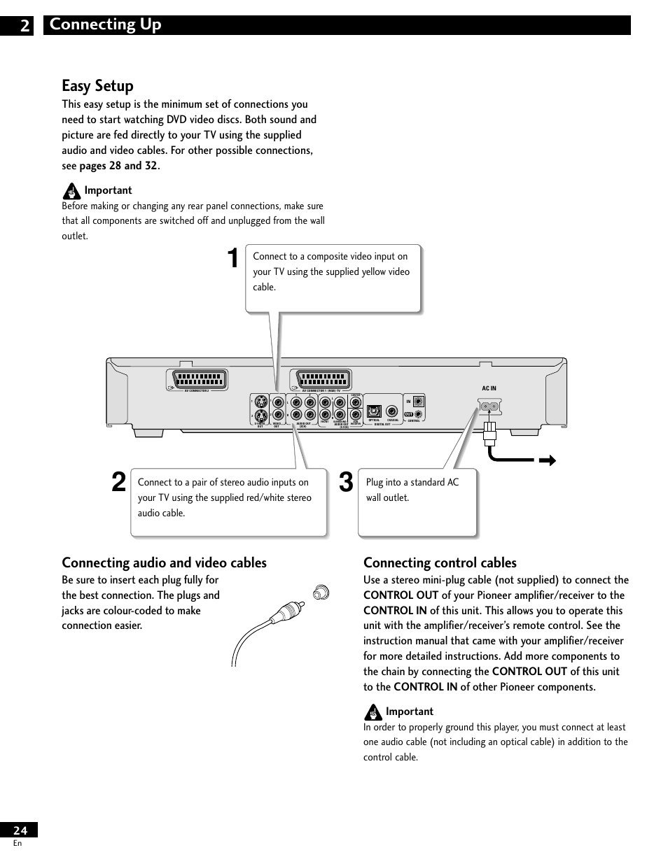 Easy setup, Connecting up 2, Connecting audio and video cables | Connecting control cables | Pioneer DV-646A User Manual | Page 24 / 180