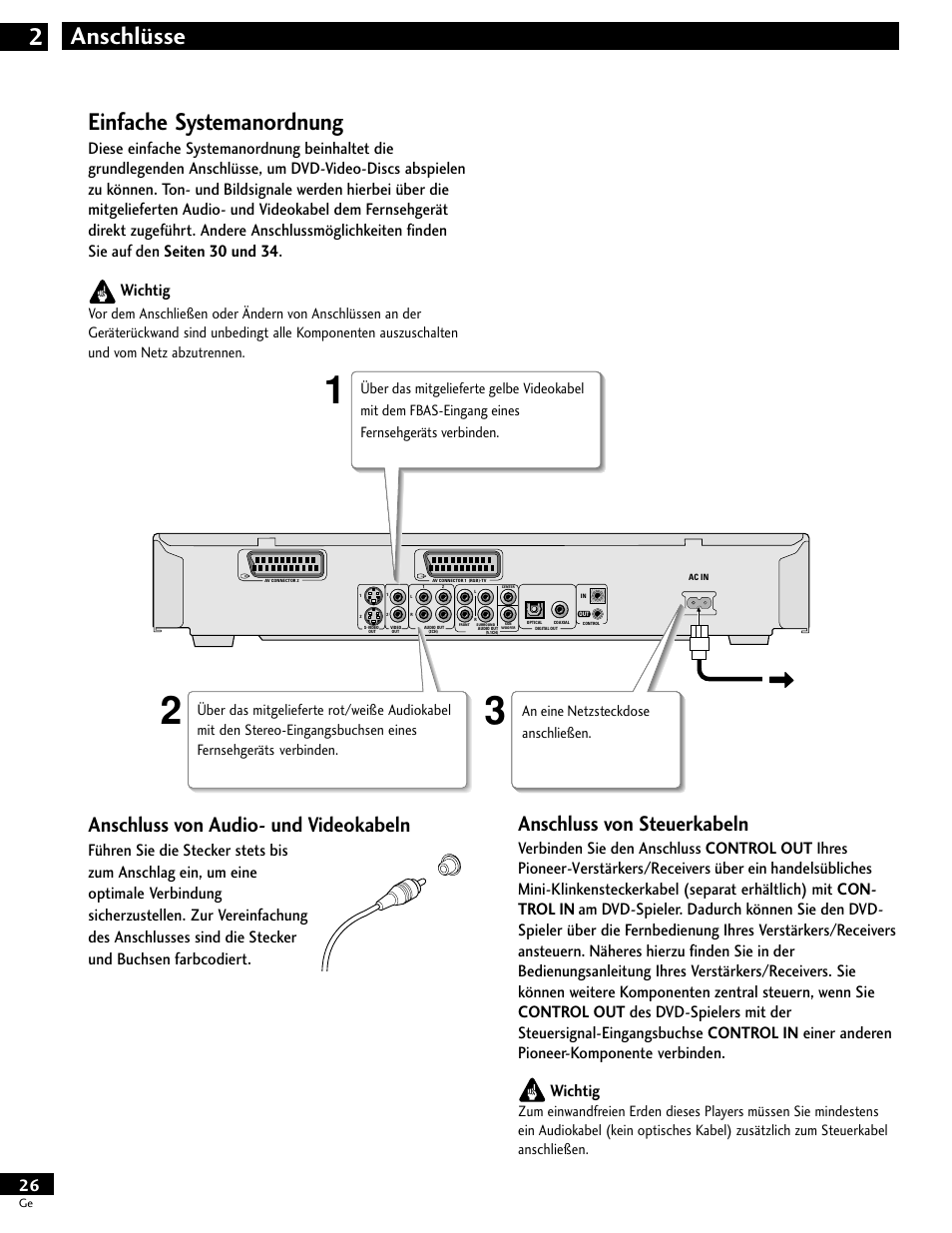 Einfache systemanordnung, Anschlüsse 2, Anschluss von audio- und videokabeln | Anschluss von steuerkabeln | Pioneer DV-646A User Manual | Page 26 / 180