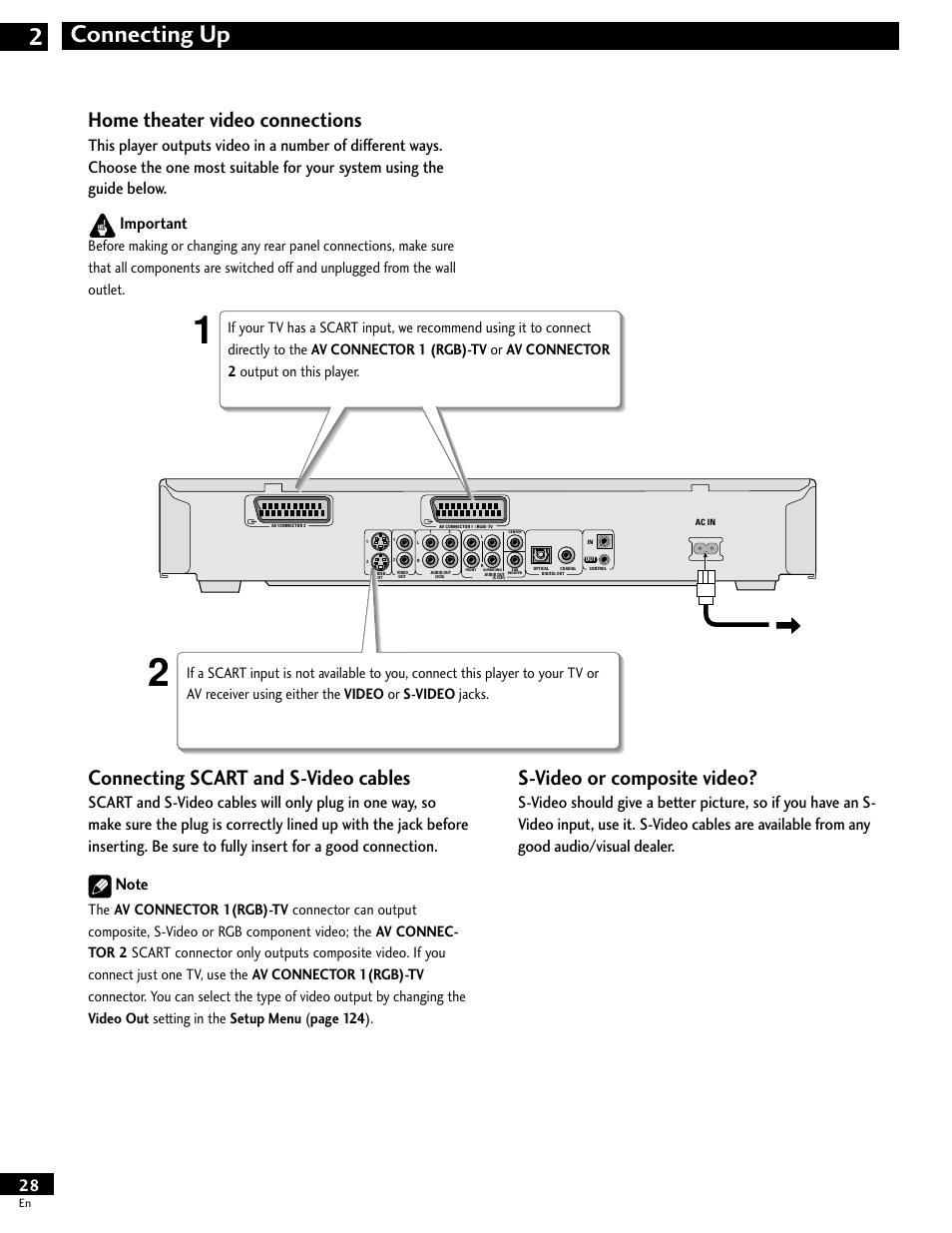 Home theater video connections, Connecting up 2, Connecting scart and s-video cables | S-video or composite video | Pioneer DV-646A User Manual | Page 28 / 180