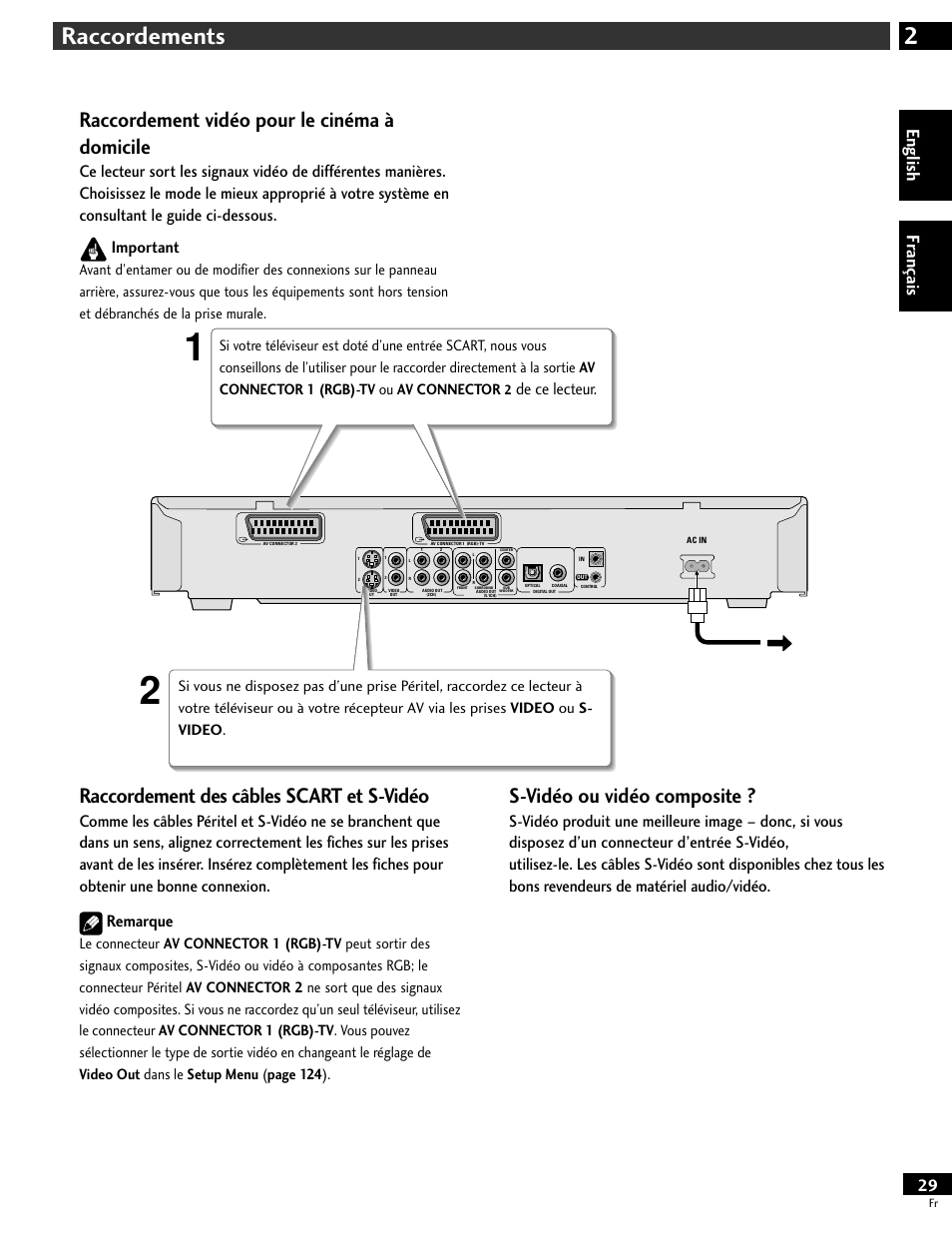 Raccordement vidéo pour le cinéma à domicile, 2raccordements, Raccordement des câbles scart et s-vidéo | S-vidéo ou vidéo composite, English fr ançais, De ce lecteur | Pioneer DV-646A User Manual | Page 29 / 180