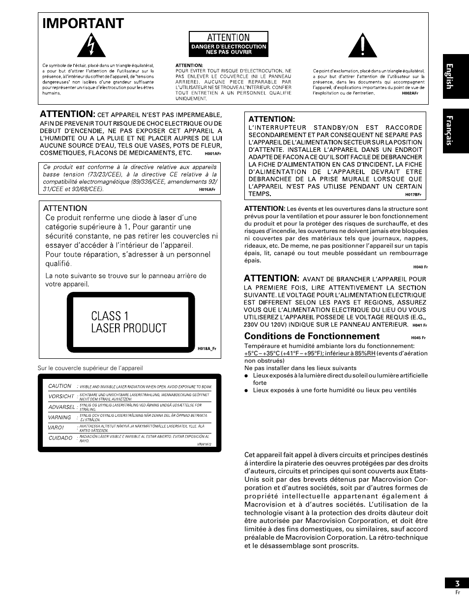 English fr ançais, Conditions de fonctionnement | Pioneer DV-646A User Manual | Page 3 / 180