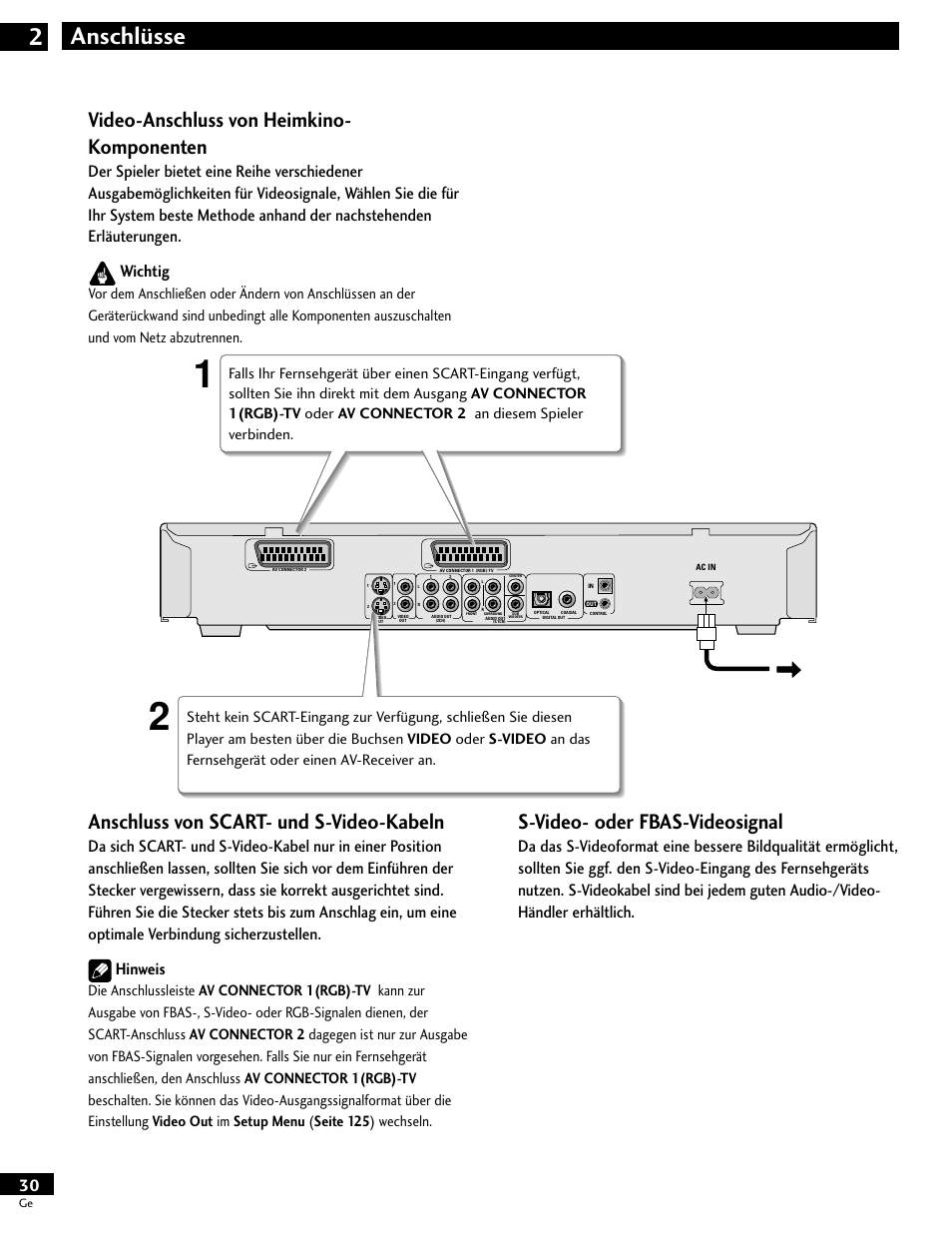 Video-anschluss von heimkino-komponenten, Anschlüsse 2, Video-anschluss von heimkino- komponenten | Anschluss von scart- und s-video-kabeln, S-video- oder fbas-videosignal | Pioneer DV-646A User Manual | Page 30 / 180